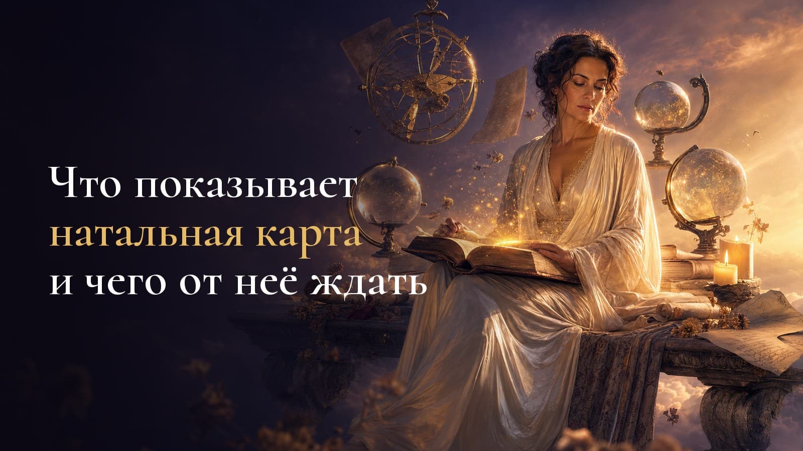 Круг натальной карты: двенадцать секторов, линия горизонта и тонкие линии аспектов между планетами